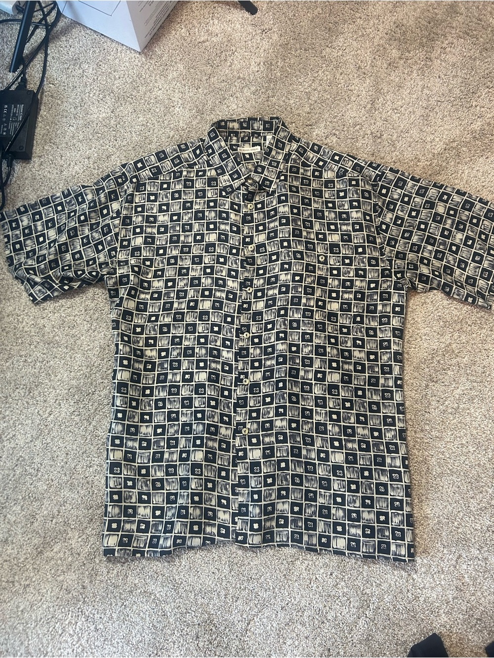 VTG Burma Bibas 100% Silk Button Up Shirt Mens XL Abstract Geometric Grid Navy
